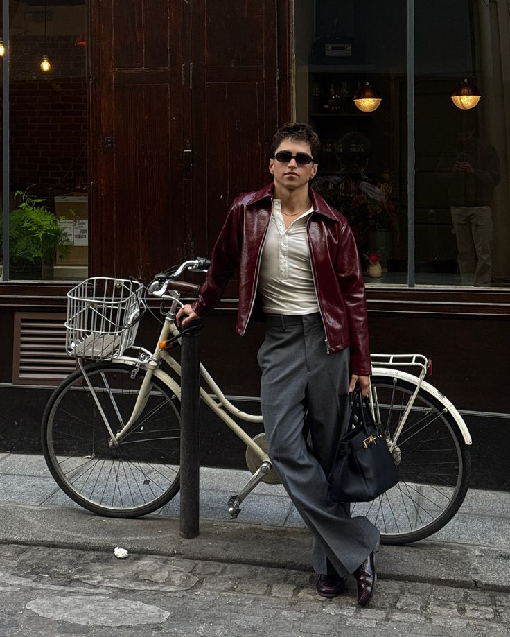 Home red leather jacket men burgundy jacket men mens pleated trousers ouffit gray trousers men european men inspo birkin 30 men with birkins california arts jacket men